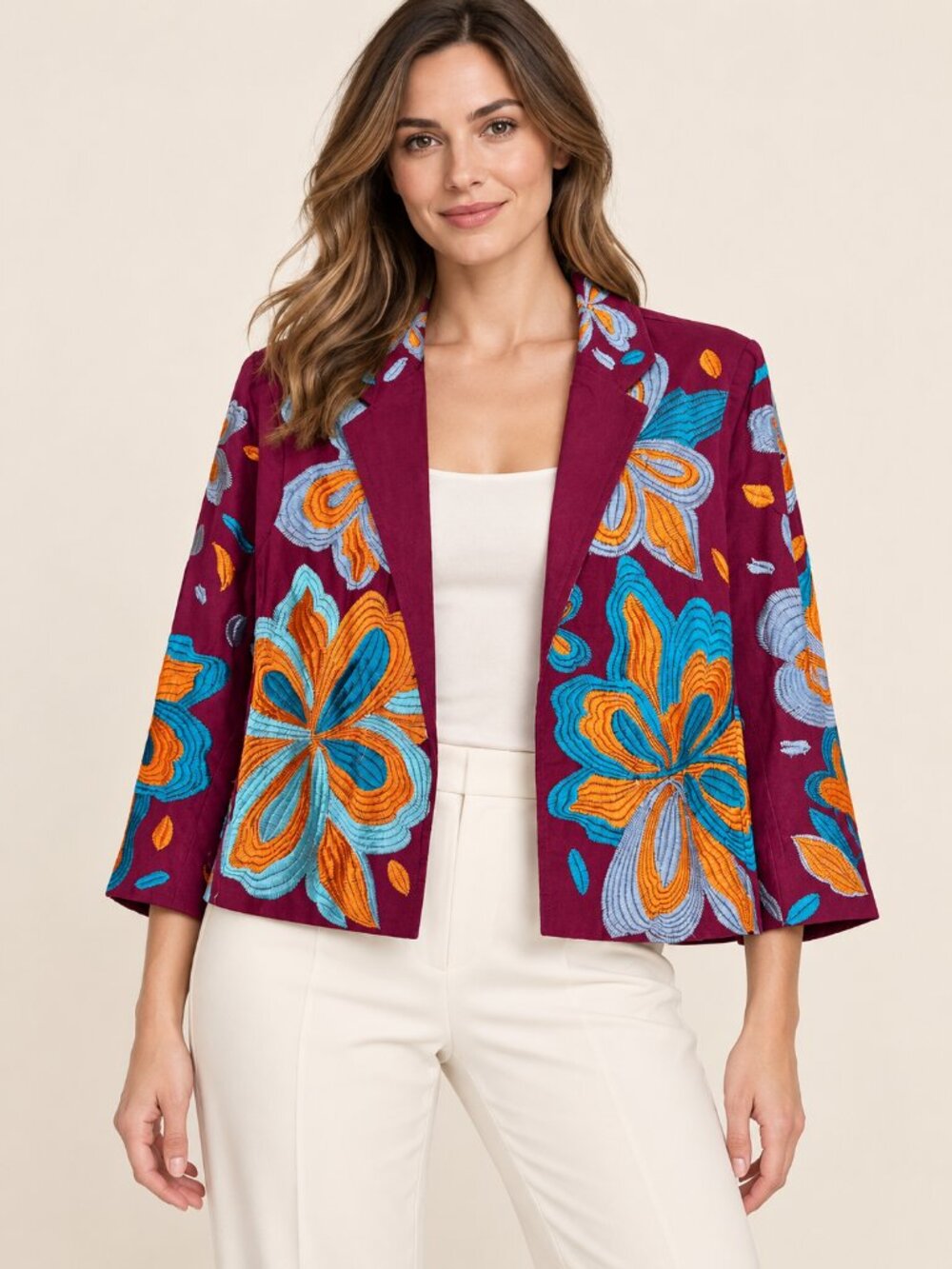 Anthropologie Burgundy Blazer with Teal & Orange Floral Embroidery